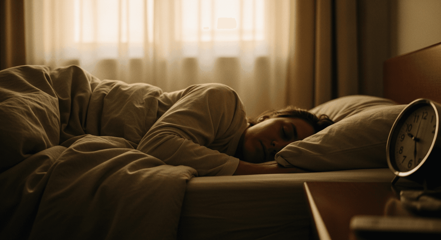 A person sleeping on their side in soft bedding with an analog clock on the nightstand in warm golden light.