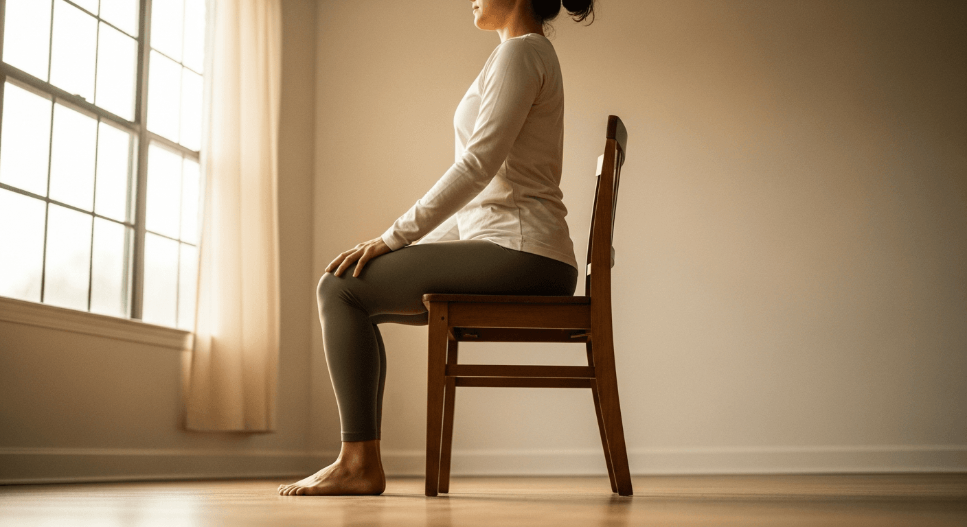 A person seated on a wooden chair by a window practices controlled breathing in a calm, sunlit room.
