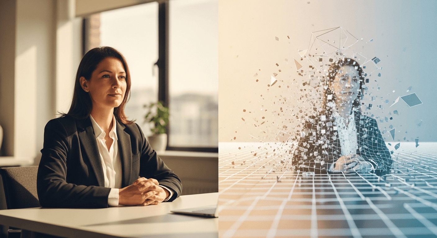 A composed professional woman on the left transitions into a fractured digital surface on the right, representing leadership resilience versus AI anxiety.