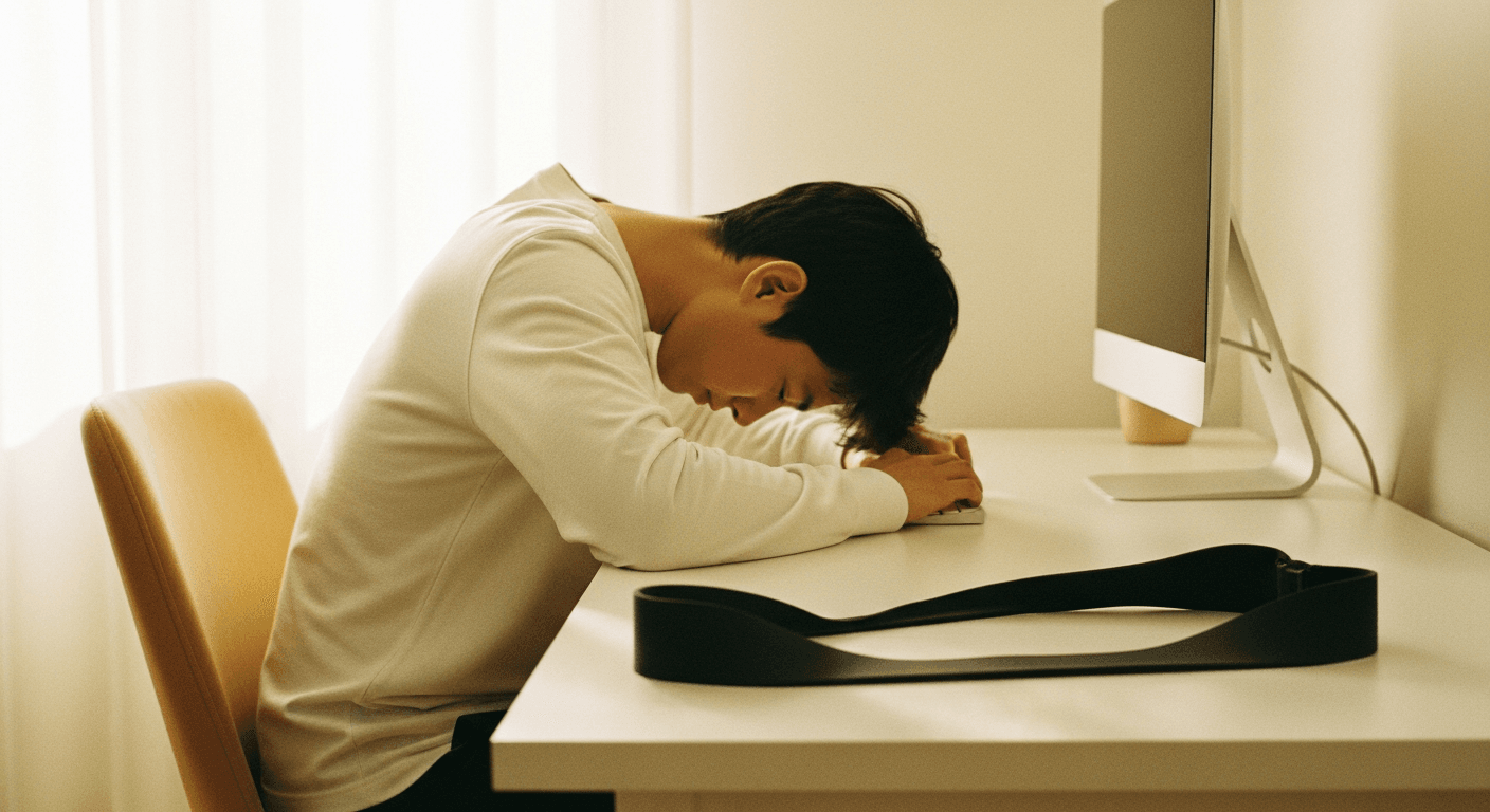 Person seated at desk with pronounced forward-head posture, resistance band on desk edge.