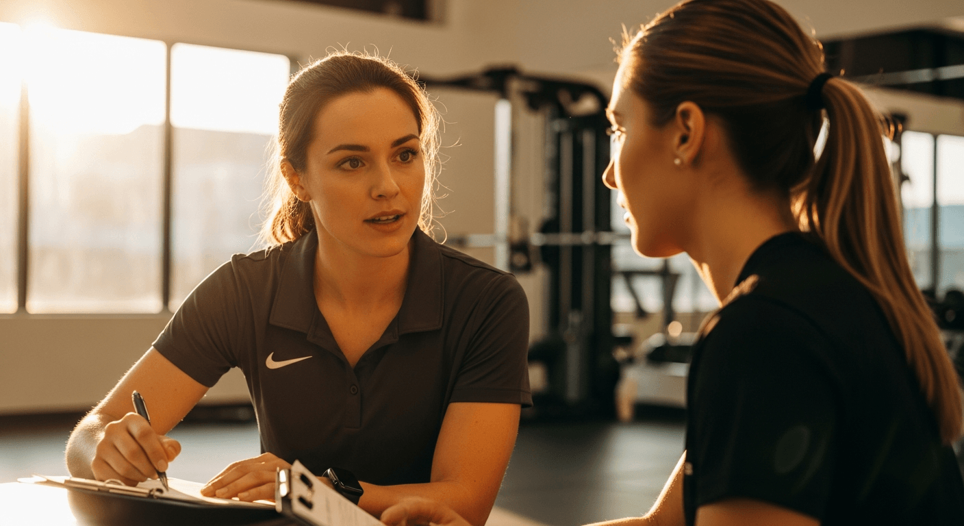A female coach and client lean together over a clipboard in a gym, bathed in warm golden light.