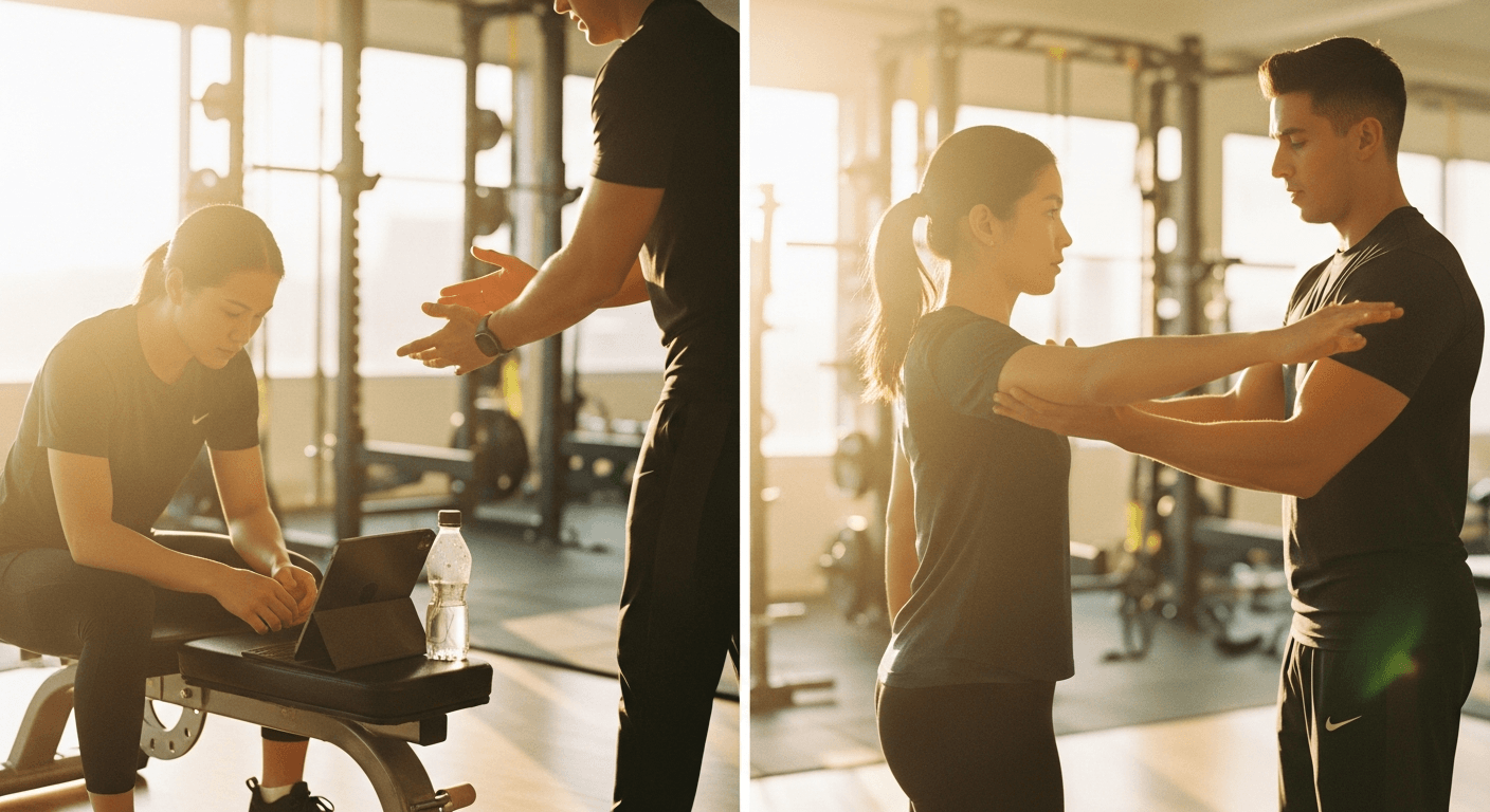 Coach guiding client's arm during live exercise in warm gym light, split with digital coaching moment.
