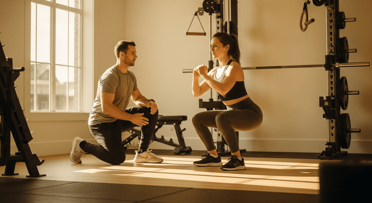 A coach kneels beside a client performing a deep squat assessment in a warm, calm gym environment.