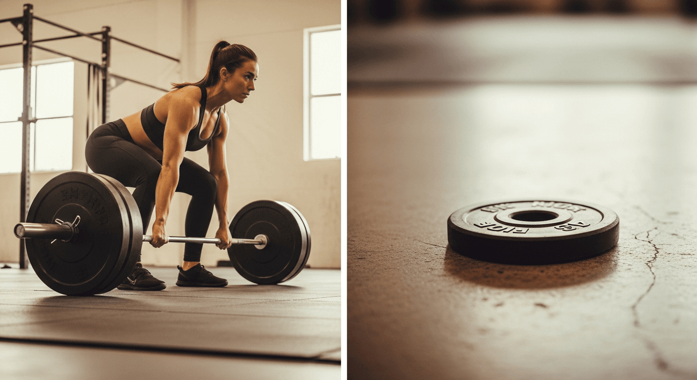 Female athlete deadlifting with light load on left; close-up of small bumper plate on right.