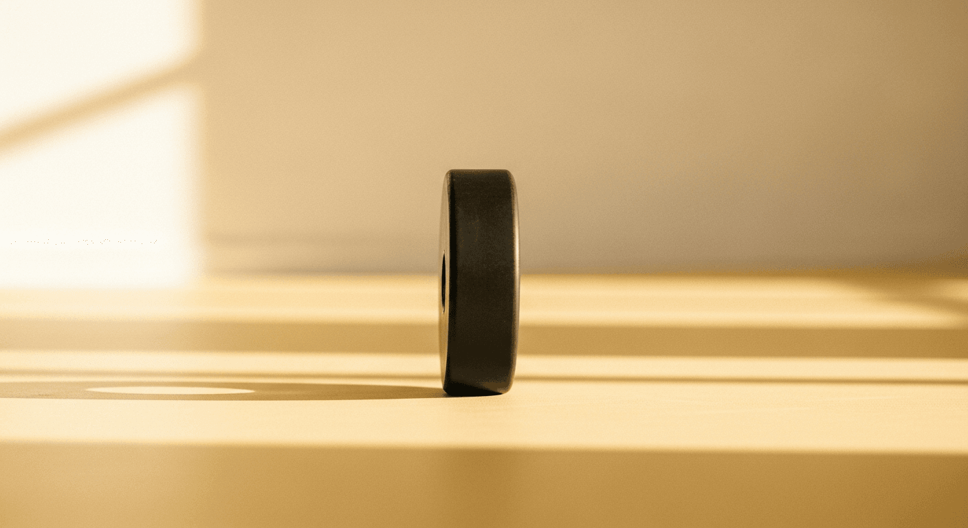 A black weight plate resting on its edge on a warm cream gym floor in soft natural light.
