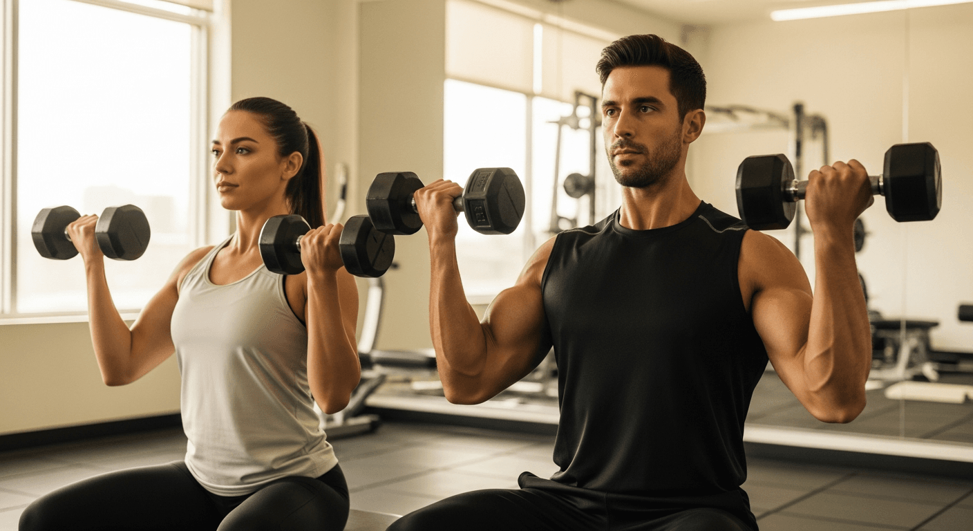 A woman and man perform identical dumbbell curls side by side in a brightly lit gym.