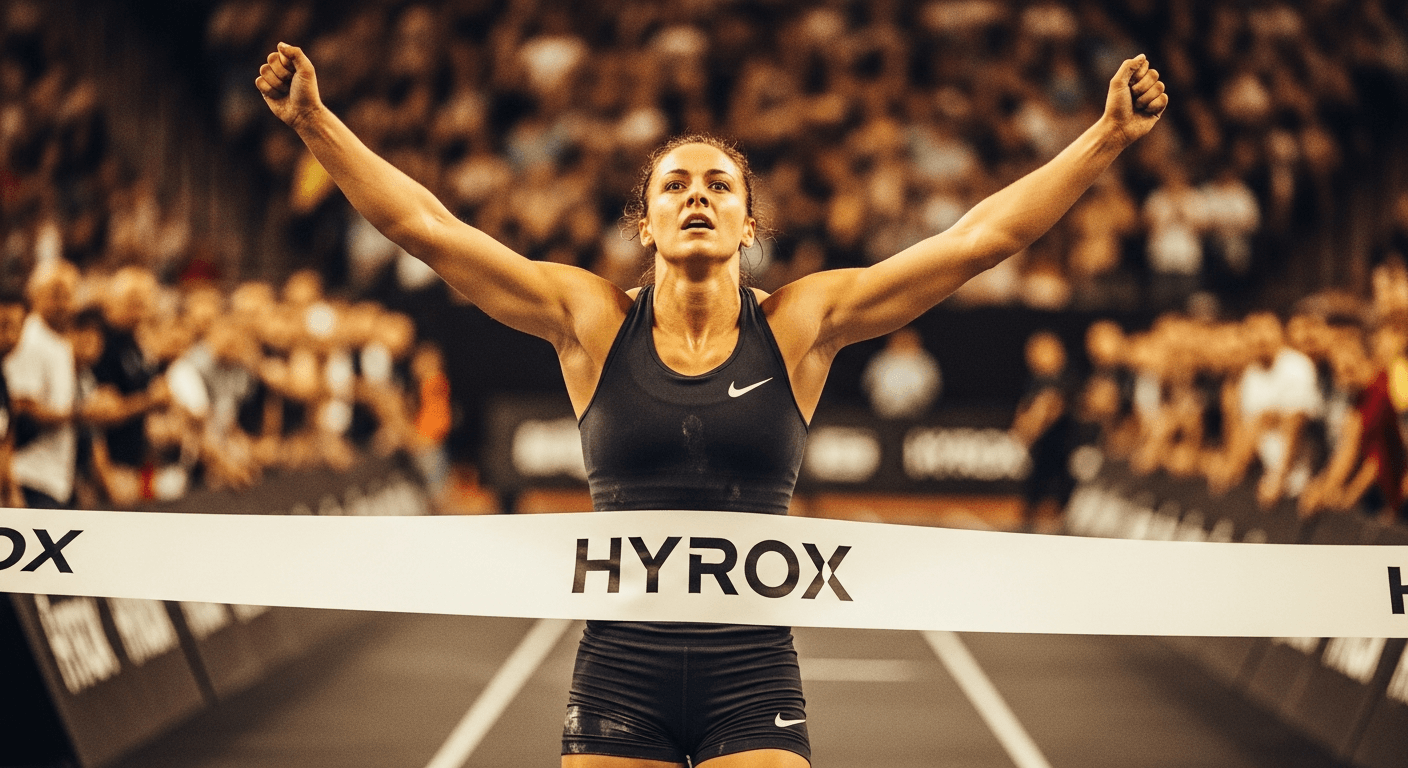 Female athlete crossing finish line with raised arms, triumphant expression glowing in golden arena light.