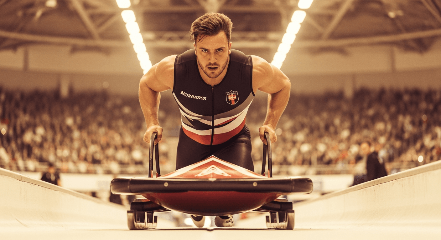 Focused athlete driving a competition sled forward in a packed championship arena under warm light.