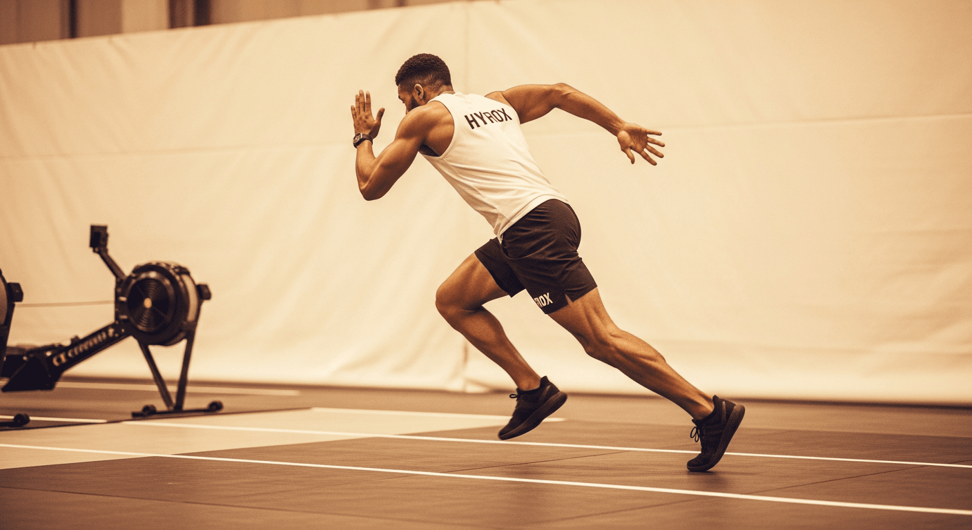 HYROX athlete sprinting across competition floor, transitioning between workout stations.