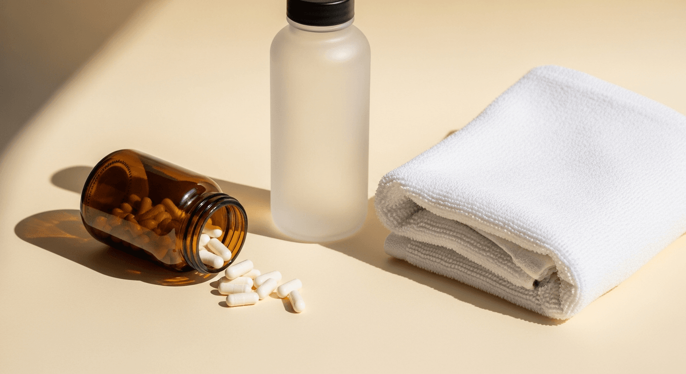 White supplement capsules spilling from an amber glass jar beside a water bottle and gym towel in warm light.
