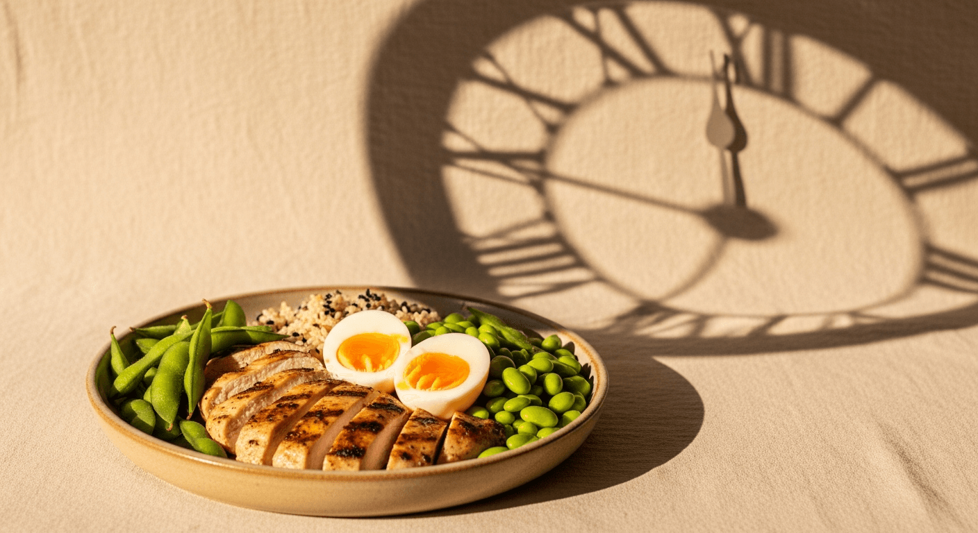 A plate of protein-rich foods including grilled chicken, eggs, and edamame with a soft clock shadow cast across warm golden light.