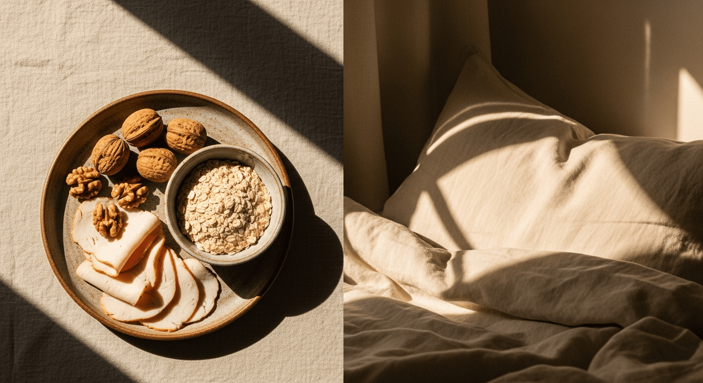 Nutritious meal on left plate blends into cozy bedroom pillow on right, bathed in warm golden light.