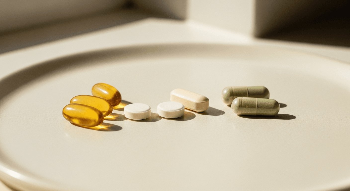 Amber, ivory, and sage supplement capsules grouped by color on a warm cream ceramic surface, overhead view.
