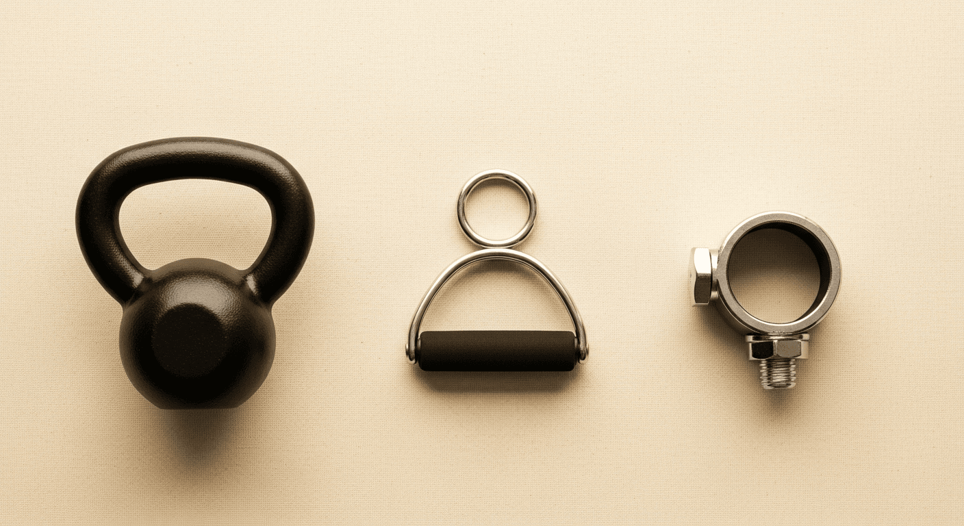 Three strength training equipment pieces arranged in a grid on a warm cream background.