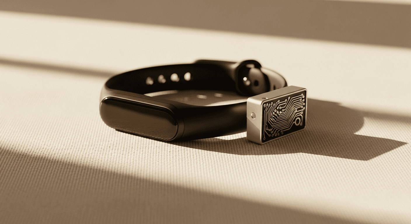 A fitness tracker and circuit component on a cream surface in warm light, symbolizing tech investment.
