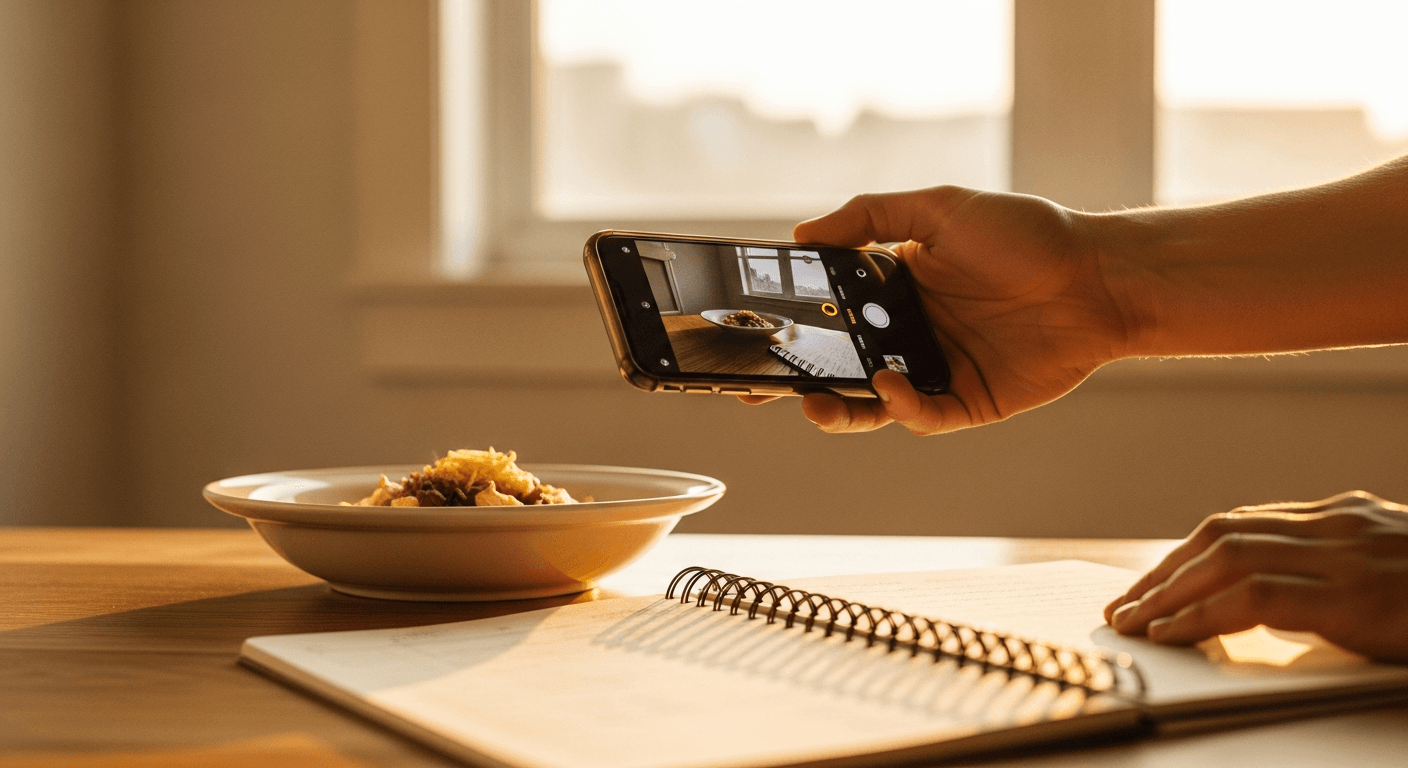 Coach's hand holds smartphone horizontally to scan a meal in a white bowl on a wooden table.