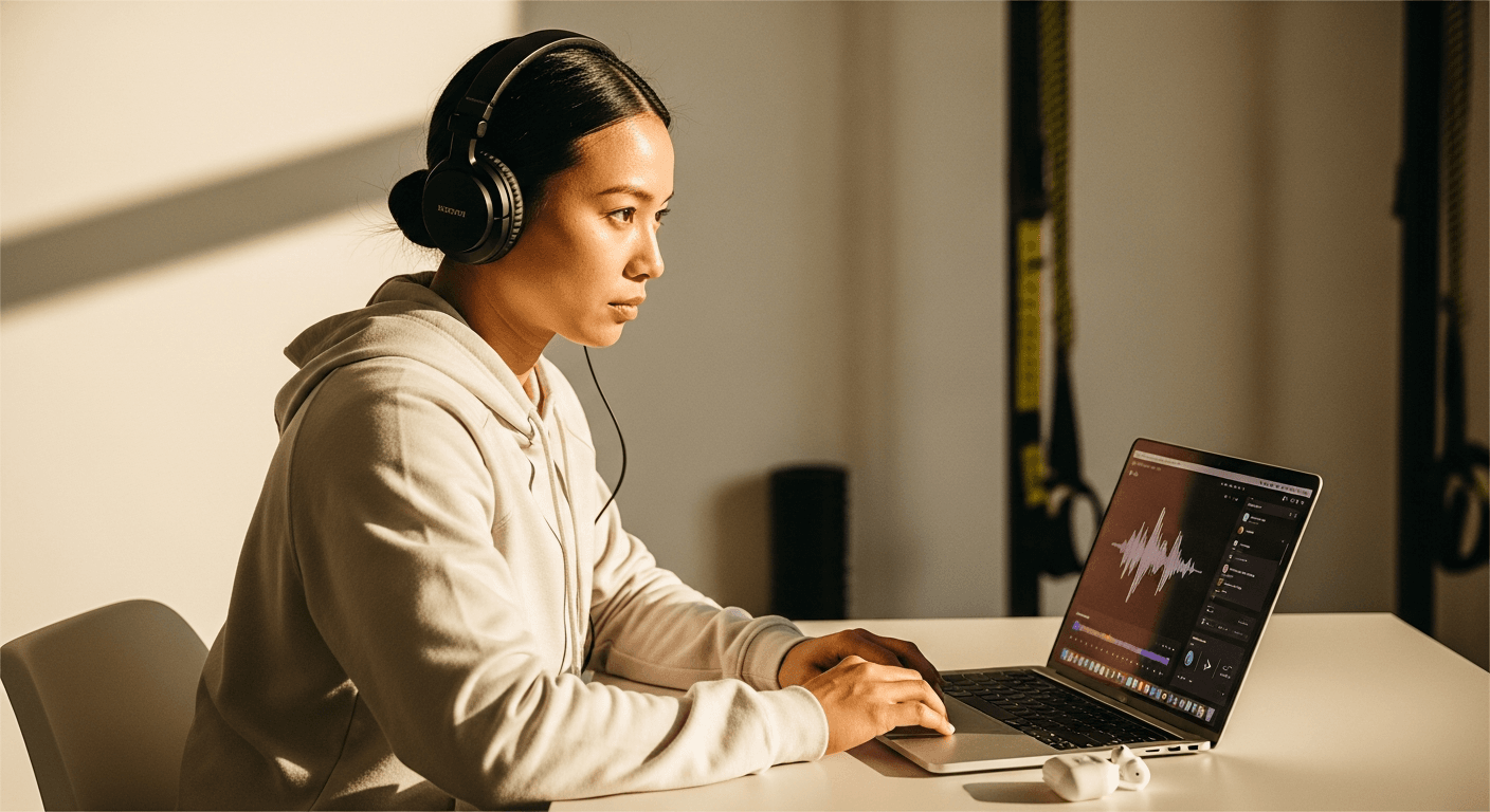 A fitness coach seated at a minimal desk, focused on her laptop in warm natural golden light.