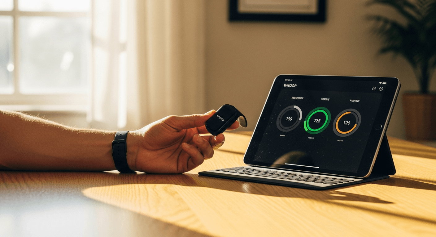 Coach holds a WHOOP device toward a tablet displaying recovery metrics on a light oak desk in warm morning light.