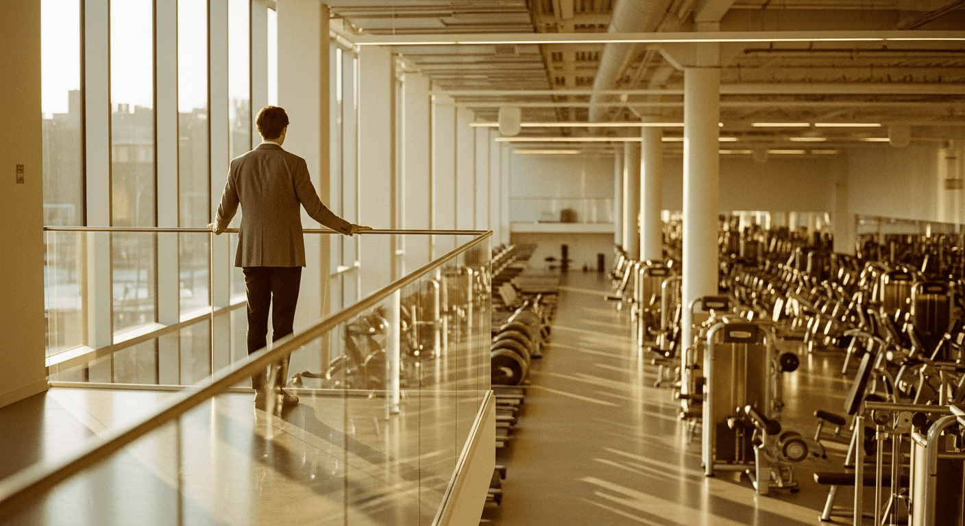 Person in blazer observing modern gym floor from glass mezzanine overlooking rows of equipment in warm golden light.