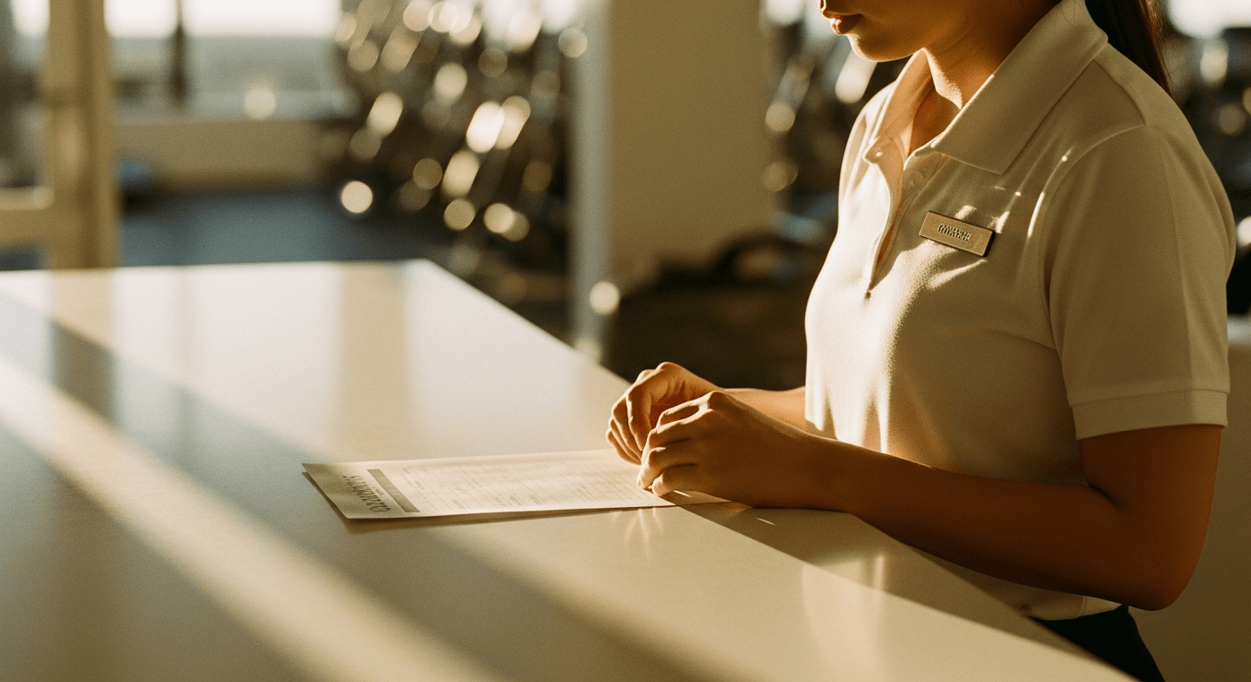 Gym staff member reviews a document at the front desk in warm golden light.