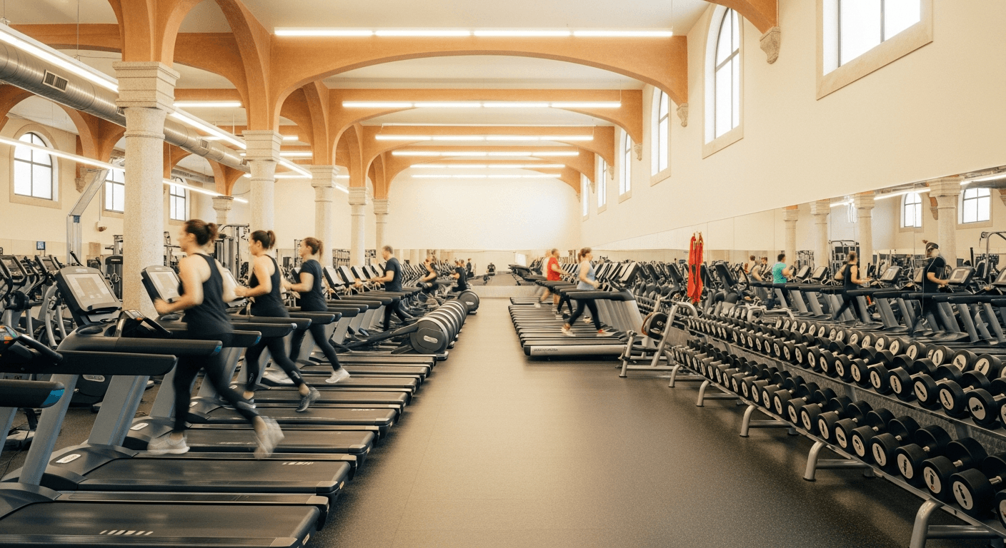 Busy modern gym floor with rows of treadmills and equipment under warm golden light.
