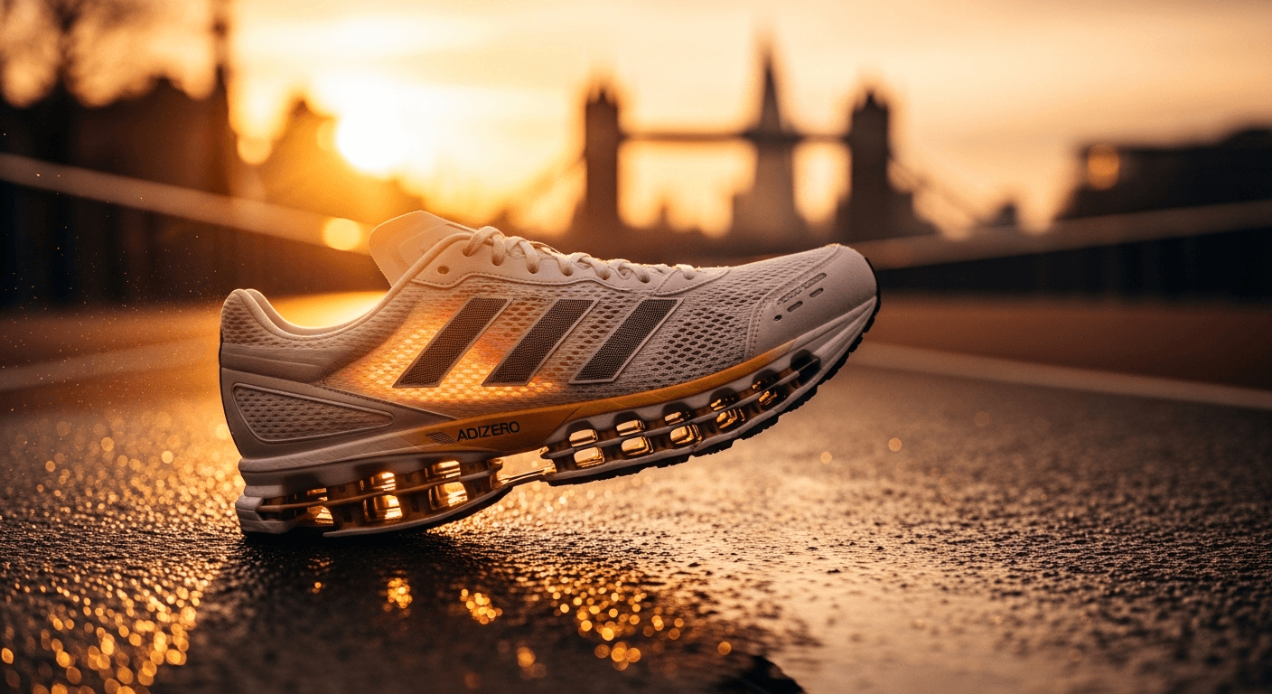 Close-up of an Adidas Adizero running shoe in motion on wet pavement, bathed in golden hour light.