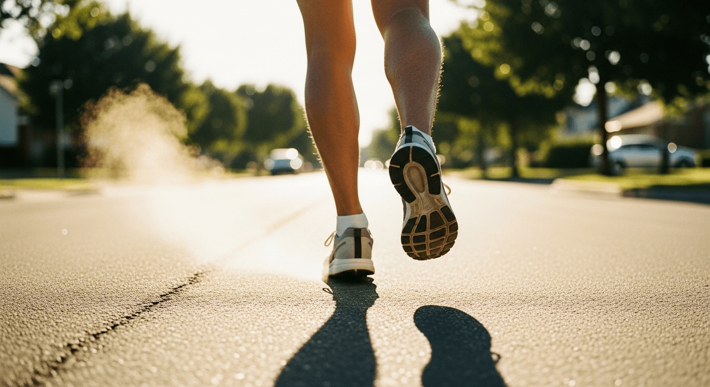 Runner's legs mid-stride on hot pavement with heat shimmer rising in bright summer sunlight.
