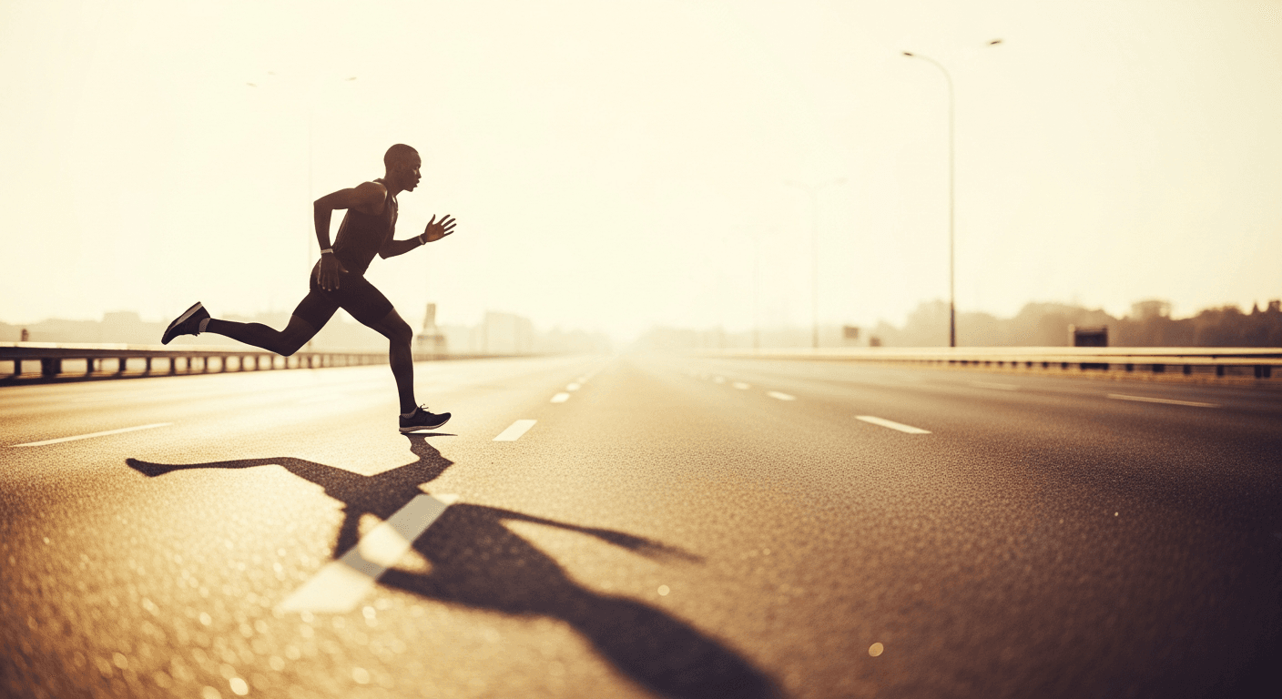 Elite African runner sprinting solo on empty road in golden-hour light.