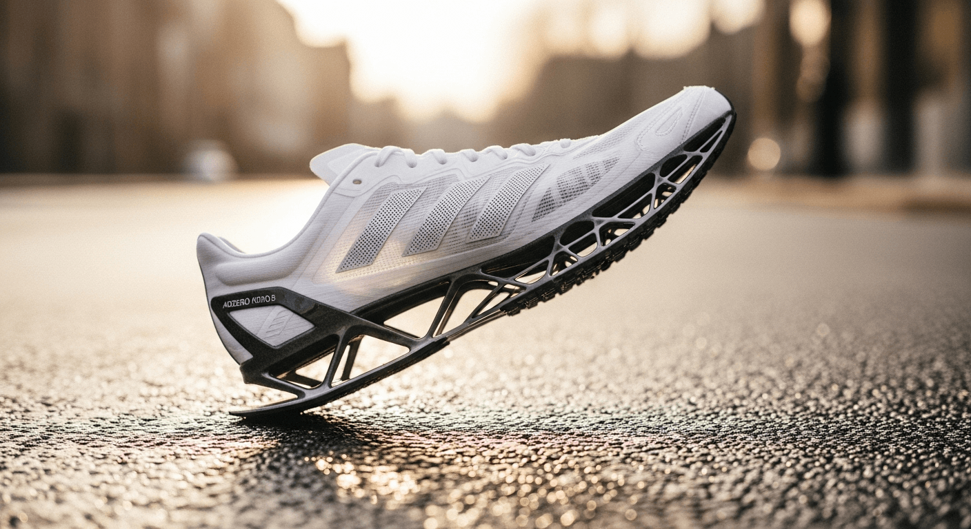 Close-up of an Adidas running shoe on wet London asphalt with soft morning light and shallow depth of field.