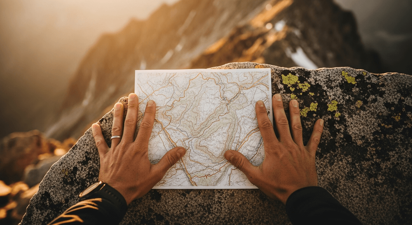 Trail runner's hands holding an open topographic map on a rocky alpine summit in golden light.