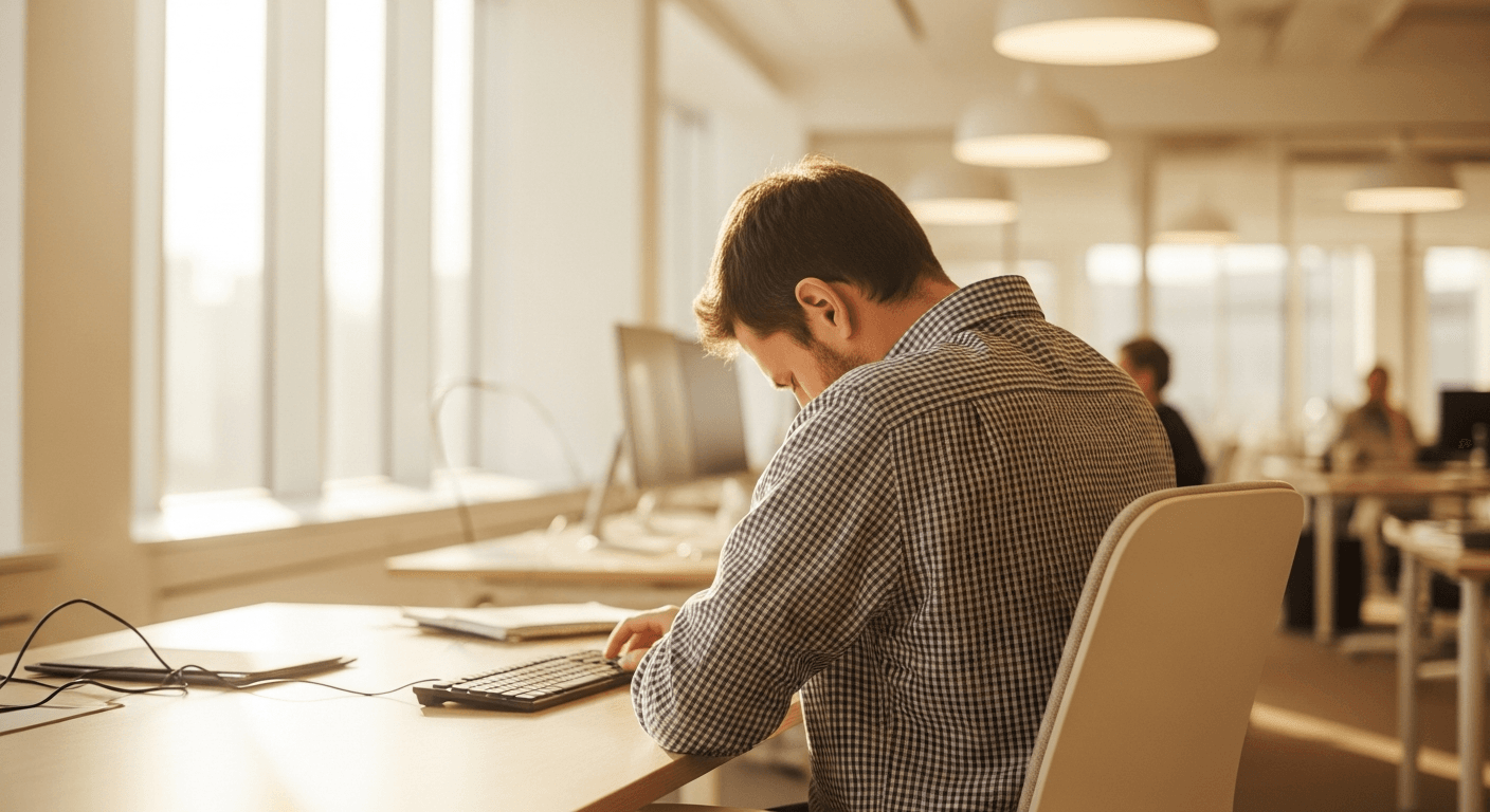 Person seated at an ergonomically poor desk in a modern office, shoulders rounded and head tilted forward in strained posture.