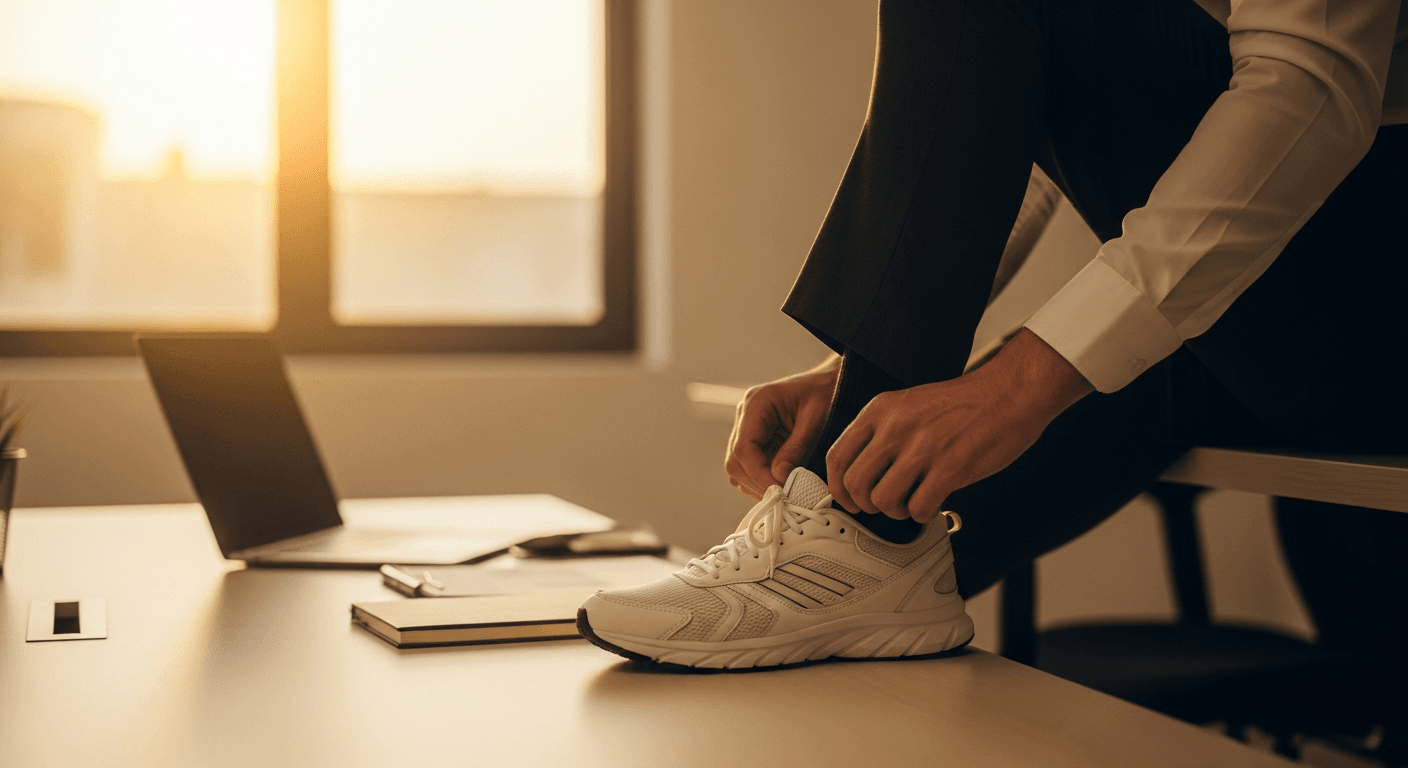 Professional in business attire lacing running shoes at desk in golden evening light.