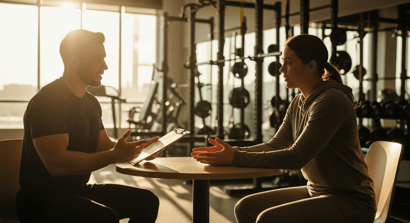 Personal trainer and client in consultation at gym table, discussing fitness goals in warm natural light.