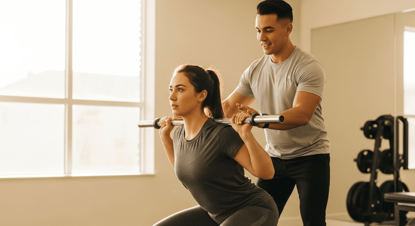 A personal trainer guides a beginner client through proper squat form in a sunlit gym with warm, natural lighting.