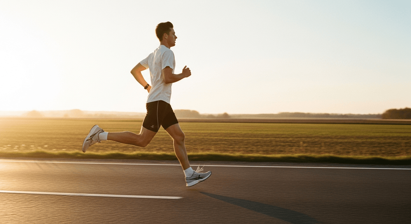 A man in his twenties running on an open road during golden hour.