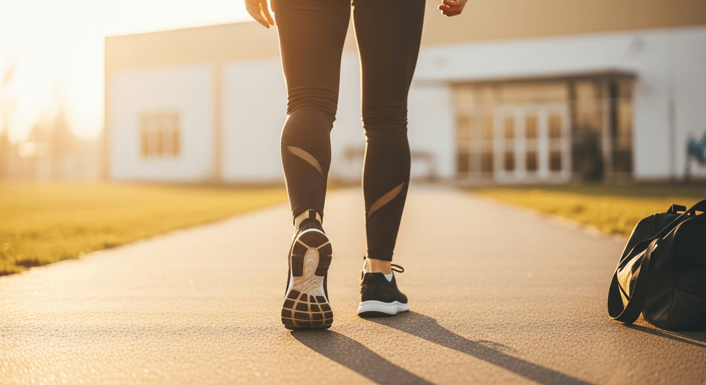 Athlete mid-stride on a sunlit trail, transitioning between different movement patterns and training environments.
