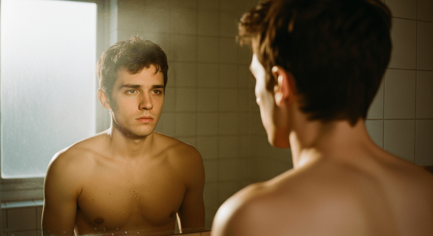 Young man shirtless at bathroom mirror in morning light, gazing critically at his reflection with a hollow expression.