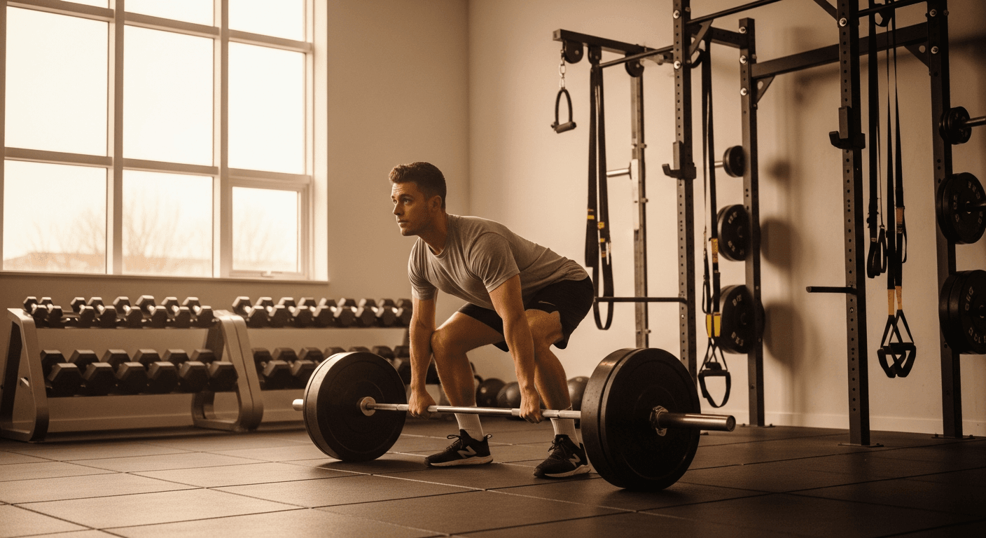 Male athlete performing a deadlift in a bright gym with resistance bands and dumbbells visible in warm golden light.