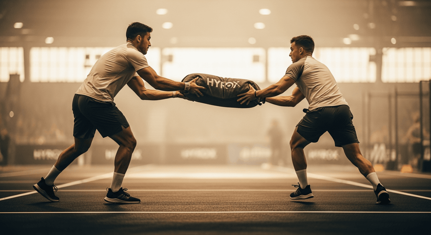 Two athletes executing a HYROX doubles handoff, passing a heavy sandbag mid-stride during competition.