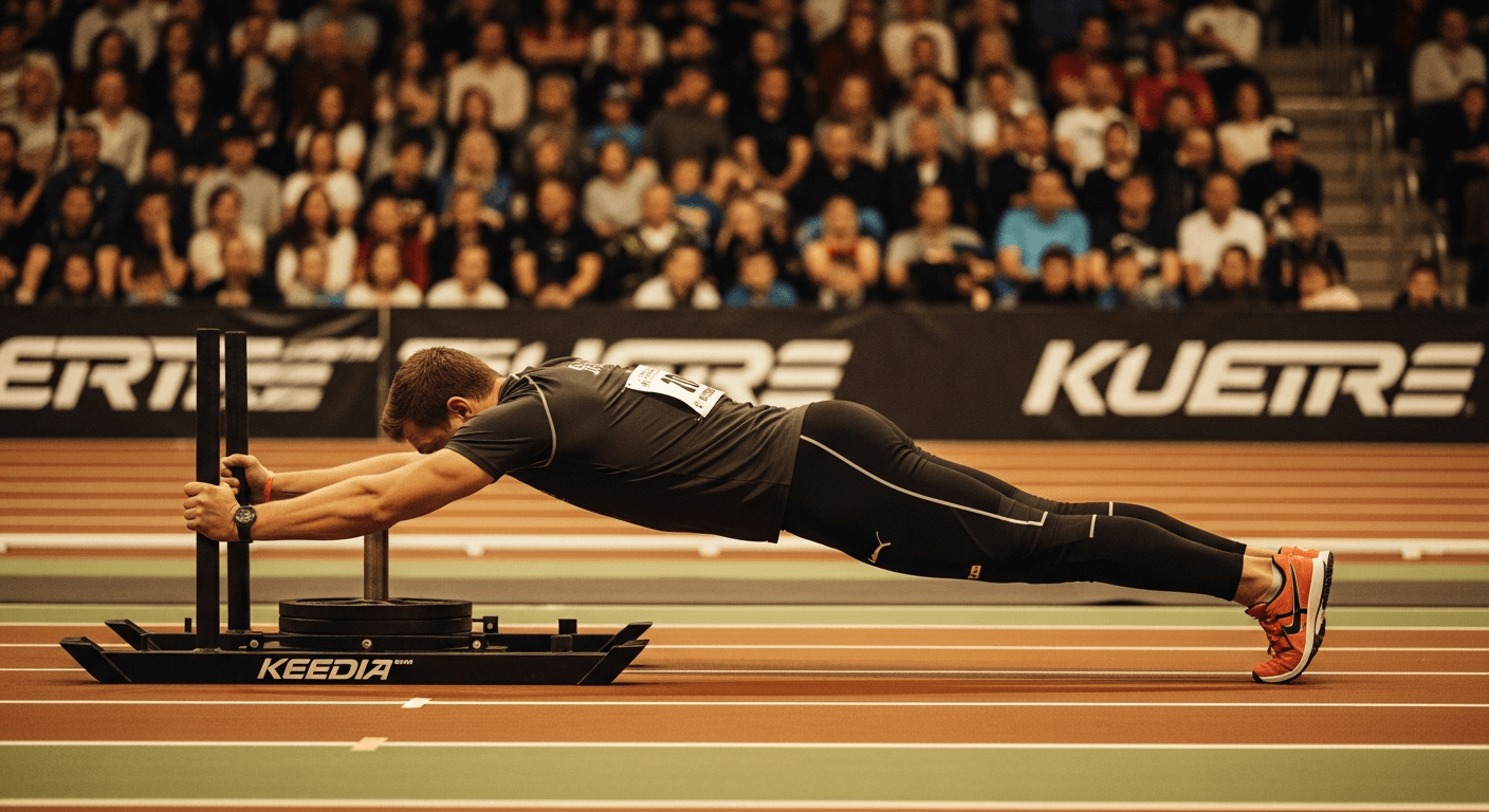 Athlete in compression gear driving a weighted sled during HYROX competition.