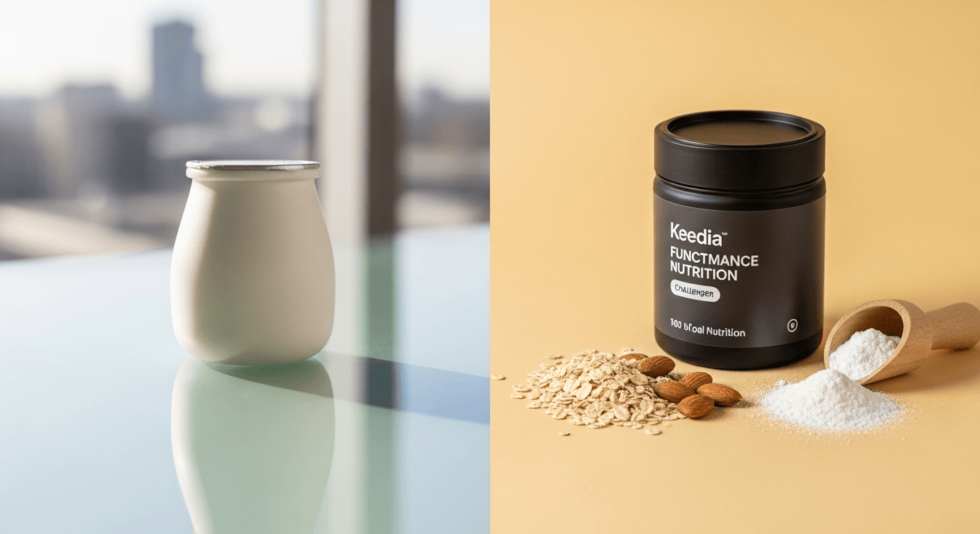 Editorial split-composition still life contrasting a sleek white yogurt pot with a matte charcoal nutrition canister surrounded by raw ingredients.