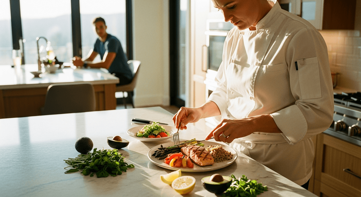 Private chef in white coat plates a precision meal for an athlete in a warm, sunlit home kitchen.