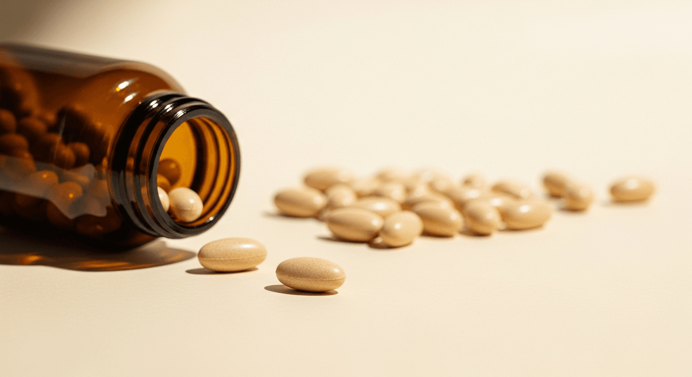 Amber supplement capsule bottle tipped over with pills spilling onto a warm cream surface in soft golden light.