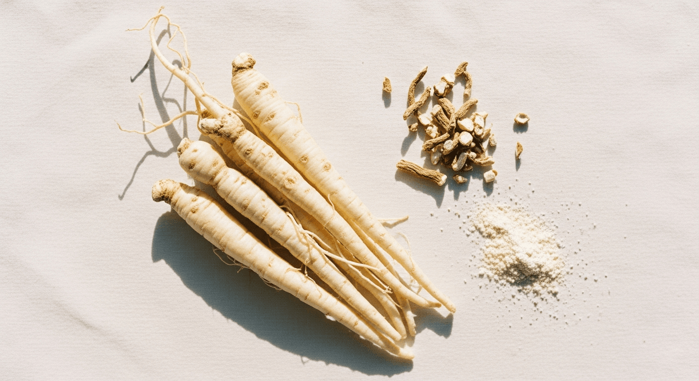 Fresh pale shatavari roots arranged on cream linen with dried fragments and powder in warm light.