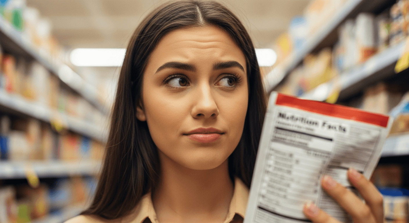 Young woman in a grocery store aisle carefully examining a nutrition label with thoughtful skepticism.