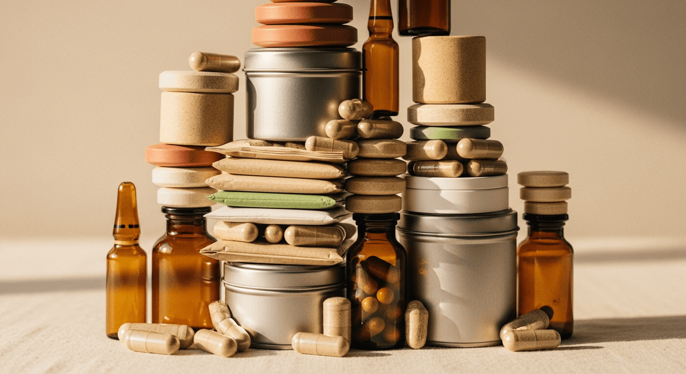 A sculptural tower of diverse supplement formats—vials, capsules, sachets, and tins—stacked in warm golden light.