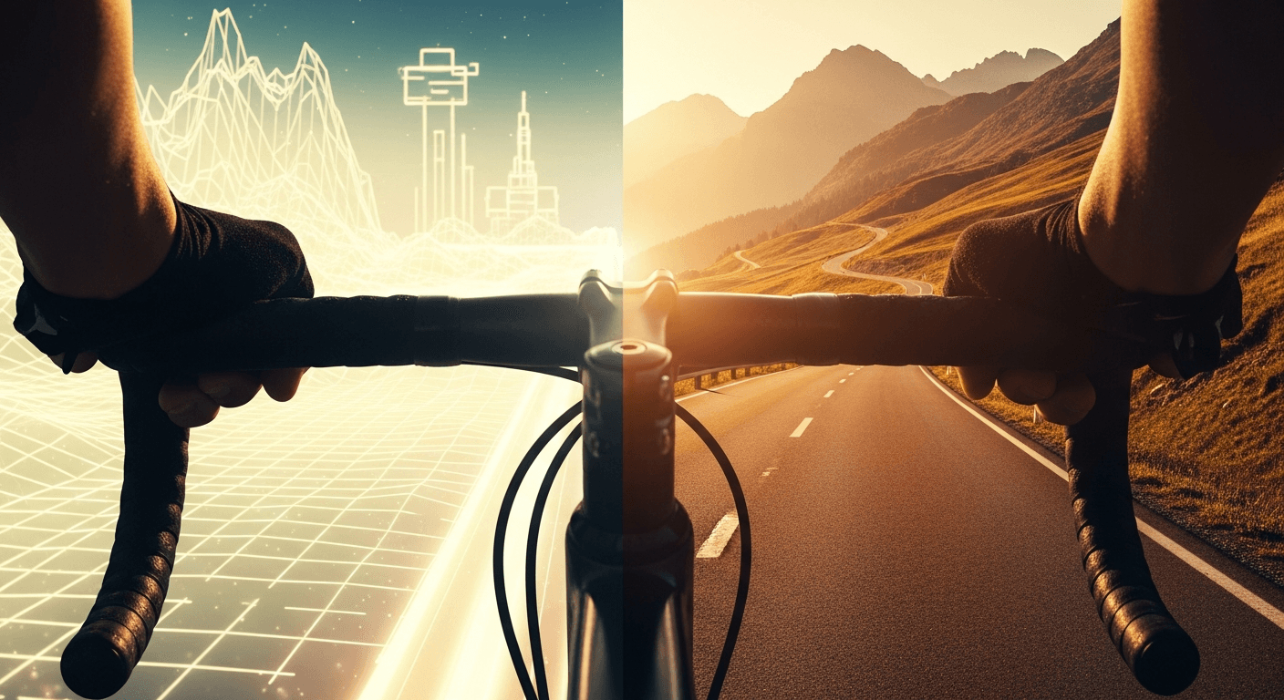 Cyclist's hands on handlebars split between a glowing digital world and a realistic mountain road in golden light.
