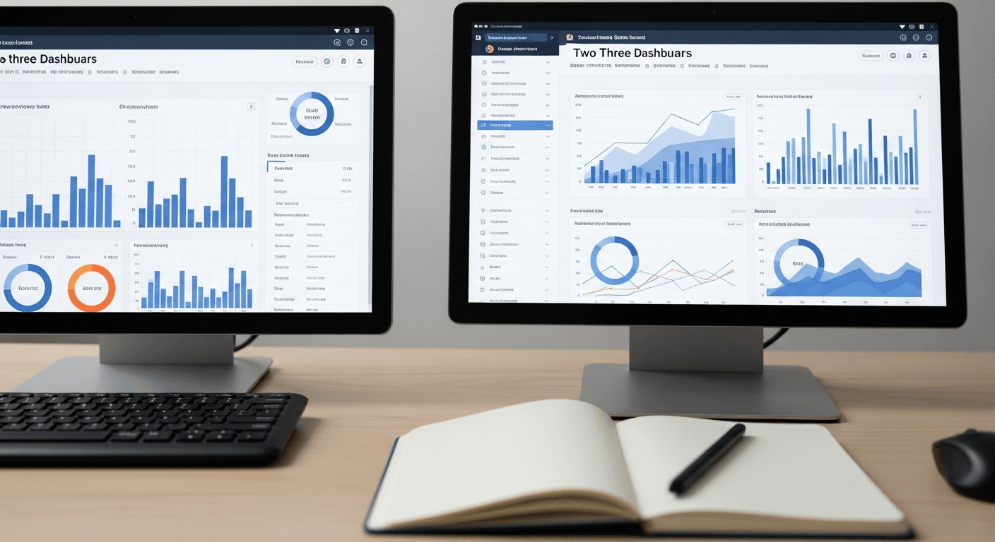 A professional coach evaluates coaching software dashboards at a desk in warm, natural light.