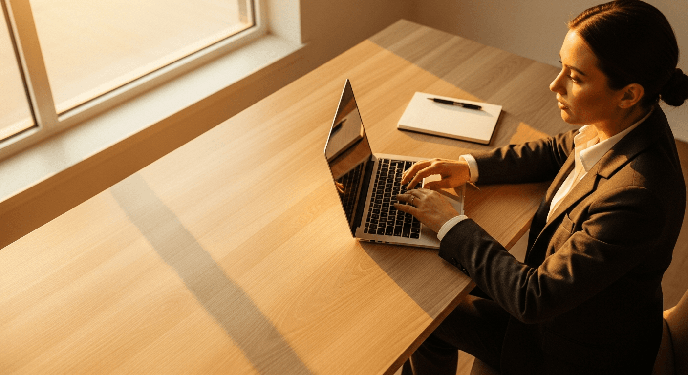 Confident health coach in professional attire works at desk with upward-trending graph on laptop.