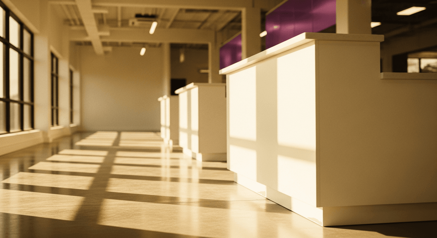 Three identical gym reception desks receding in perspective down a modern fitness facility corridor.